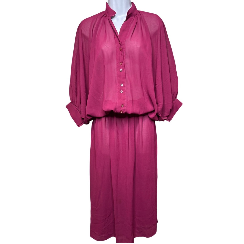 VTG 80s ILGWU Magenta Sheer Blouson Midi‎ Dress Sz 12 Regencycore Retro Formal